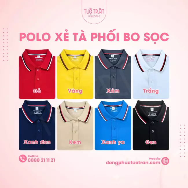 Đồng phục áo thun xẻ tà đen phối bo sọc